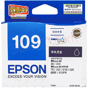 EPSON爱普生T1091黑色原装墨盒(240页, C13T109180(适用 ME30/ME70/ME80W/ME1100/ME300/ME360/ME510/ME520/600F/650FN/700FW 240页)